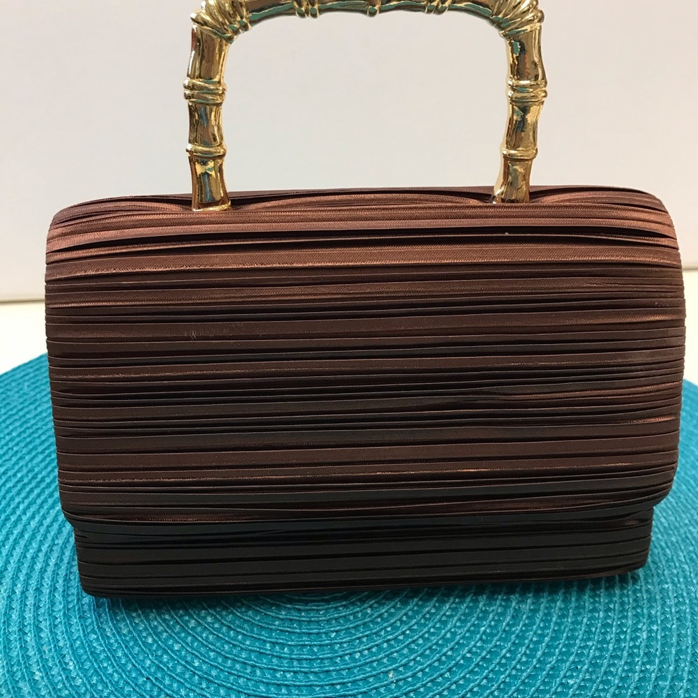 Vintage Brown Pleated Gold Bamboo Handle Bag